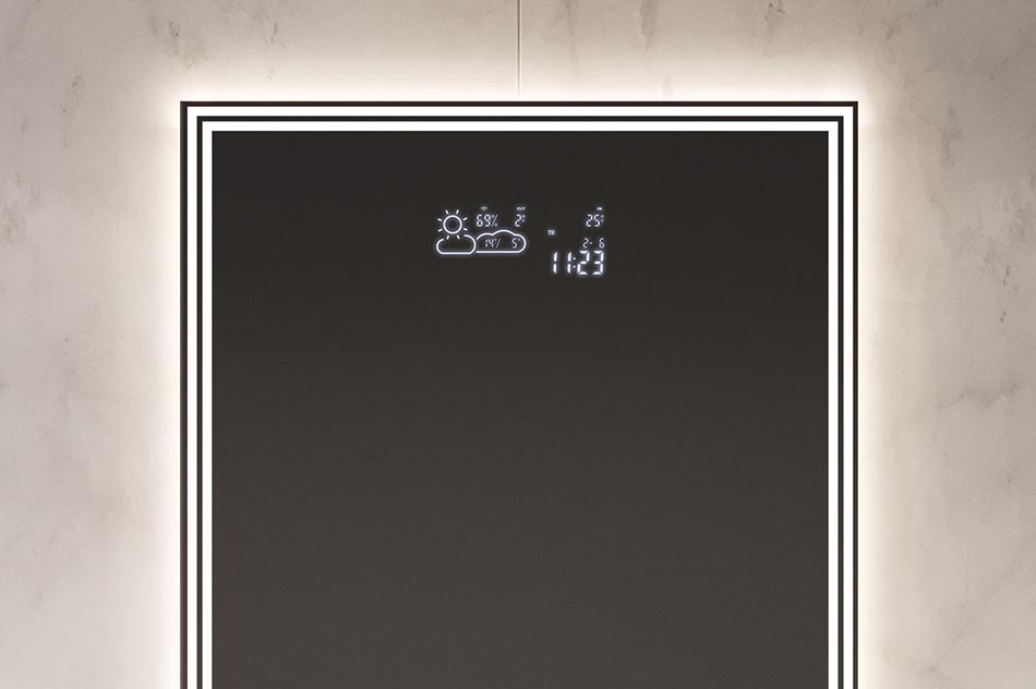 Our mirrors are not just about lighting, choose from one of the information displays available. From the simplest watch to weather trend forecast stations. Ideal solutions that practically streamline your daily routine.