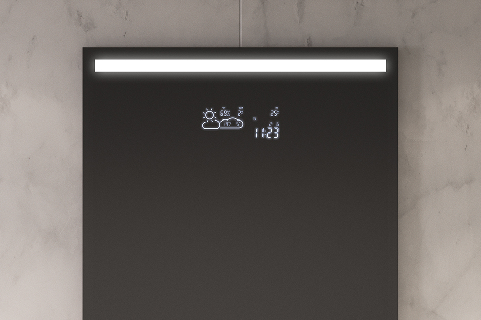 Our mirrors are not just about lighting, choose from one of the information displays available. From the simplest watch to weather trend forecast stations. Ideal solutions that practically streamline your daily routine.