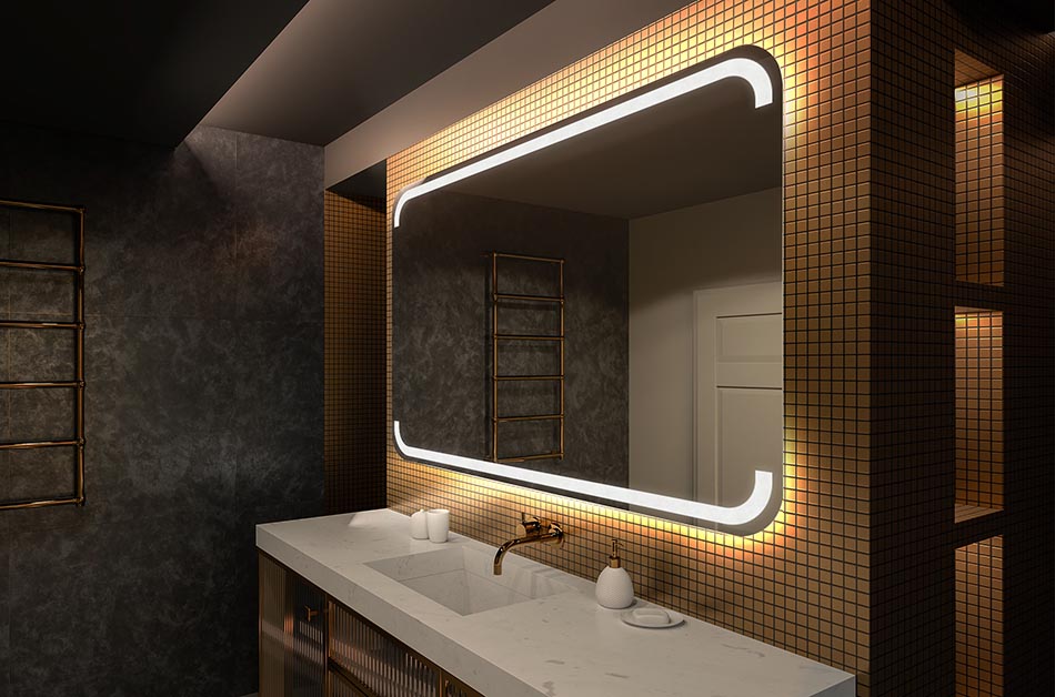 Rounded-edge LED mirror with elegant frame – bathroom decor | ARTFORMA