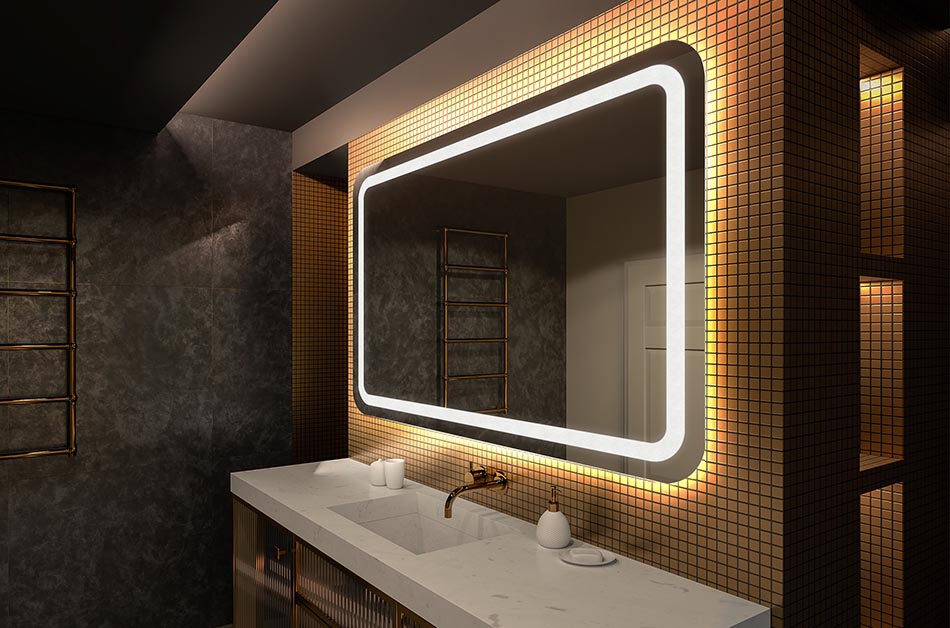 Rounded-edge LED mirror with elegant frame – bathroom decor | ARTFORMA