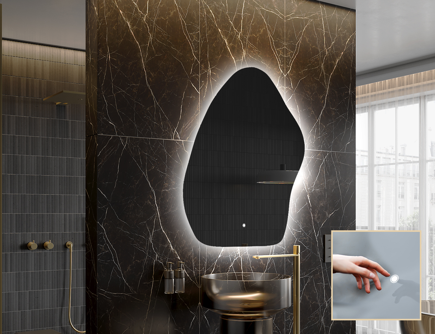 Contemporary ambient mirror in irregular shape – LED wall mirror | ARTFORMA