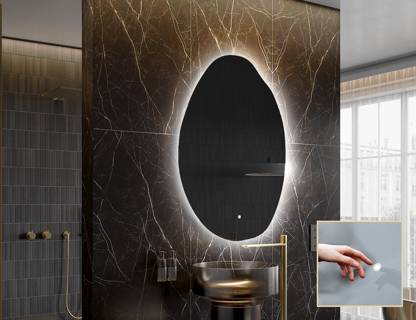 Contemporary ambient mirror in irregular shape – LED wall mirror | ARTFORMA