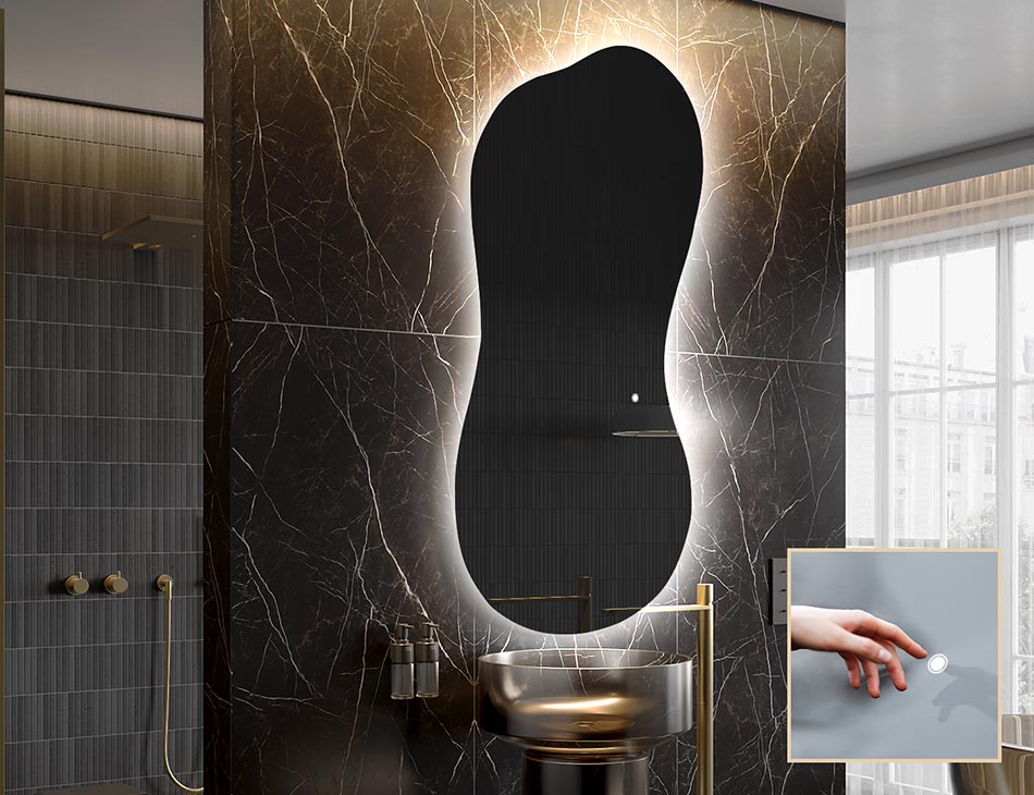 Contemporary ambient mirror in irregular shape – LED wall mirror | ARTFORMA