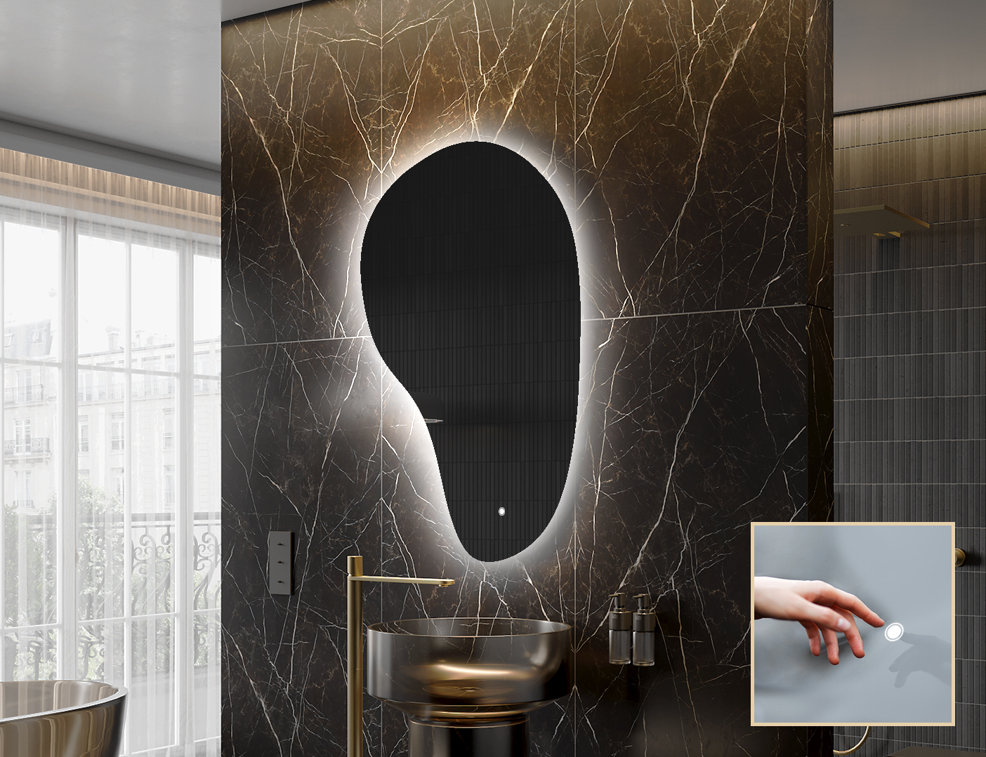 Contemporary ambient mirror in irregular shape – LED wall mirror | ARTFORMA