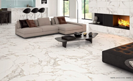 Glazed porcelain floor tile, 60x120 cm, white with gold veins, glossy, rectified, A4H113 Luar