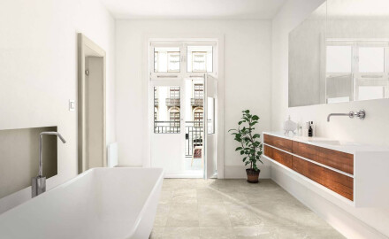 60x120 light gray floor tiles with a warm beige hue and a vein, matte finish, A4H140 Ermetica Bianco