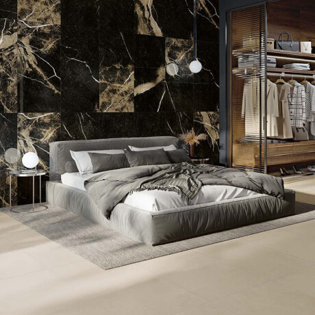 Pierre Black Glazed Porcelain Floor Tile, 120x120 cm, glossy black with gold veins, rectified, A4H197 #1