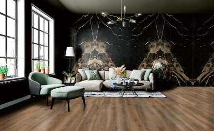 Large-format porcelain tile for flooring, 120x280 cm, Bookmatch, black gloss with gold veins, rectified, A4H203 Pierre Black