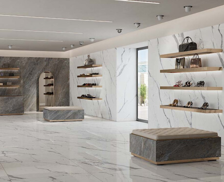 Glazed 120x120 floor tile, glossy finish with gray veining, rectified, A4H454 Statuario Superiore