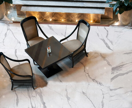 Glazed porcelain floor tile, 120x120 cm, matte finish with gray veining, rectified, A4H455 Statuario Superiore