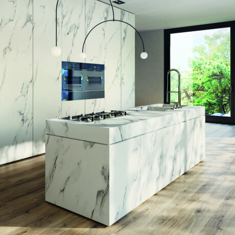 Large-format porcelain tile, 120x280, white marble with gray veins, glossy finish, A4H462 Calacatta #2