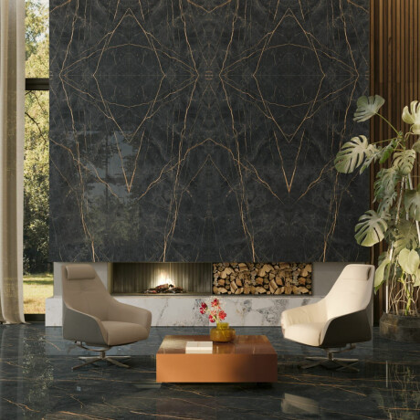 Bookmatch Porcelain Tile 120x280, Black Marble with Gold Veins, Glossy Finish A4H473 Sant Loreno #8