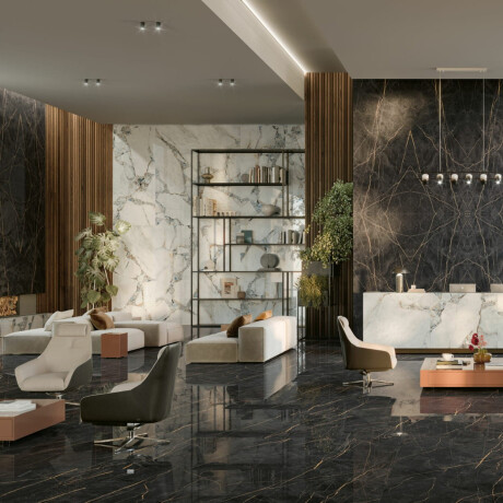Large-format 120x280 porcelain tile, black marble with gold veins, glossy finish, A4H474 Sant Loreno #7