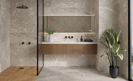 Veined stone-effect floor tile, 100x100, matte, gray A4H506 Volterra Grey