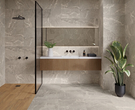 Veined stone-effect floor tile, 100x100, matte, gray A4H506 Volterra Grey