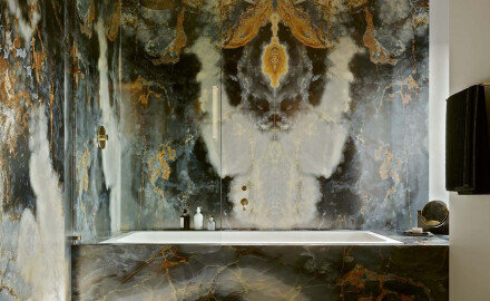 Bookmatch Porcelain Tile 120x280, deep blue marble with veins, glossy finish, A4H675 Eterno Blu