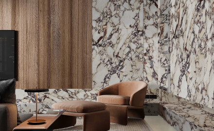 Large-format 120x280 porcelain tile, marble with purple veins, glossy finish, A4H840 Calakatta Wiola