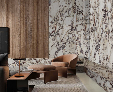 Large-format 120x280 porcelain tile, marble with purple veins, glossy finish, A4H840 Calakatta Wiola