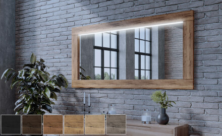 Oak wooden illuminated mirror with rectangular frame and LED Light L225