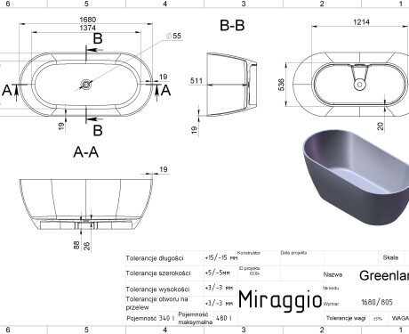 GREENLAND 1680 MIRASOFT Bathtub