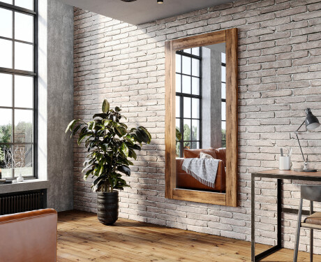 Vertical oak wooden illuminated mirror with rectangular frame L224