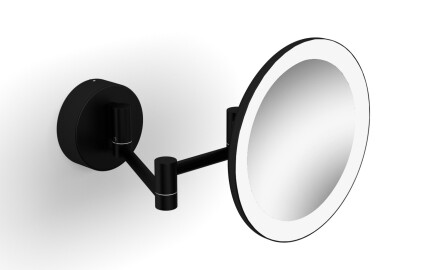 3x magnifying cosmetic mirror, round, with warm/cool LED lighting, tiltable, dual-arm design / matte black