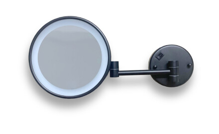 3x magnifying cosmetic mirror, round, with neutral-color LED lighting, tiltable, dual-arm design / matte black