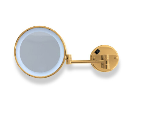 3x magnifying cosmetic mirror, round, with neutral-color LED backlight, tiltable, dual-arm design / glossy gold